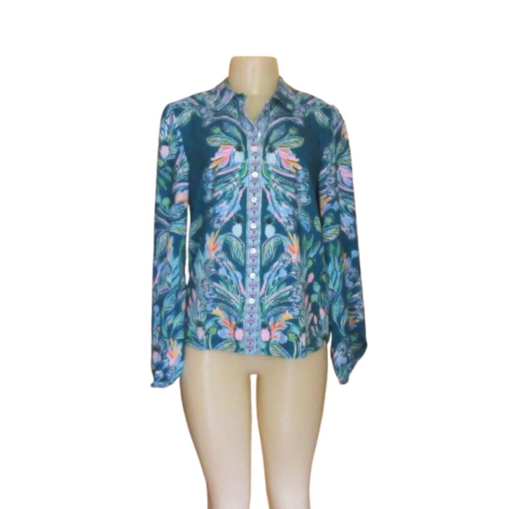 Lilly Pulitzer Tavia Top Valencia Teal Rain Florist Engineered Blouse Size S